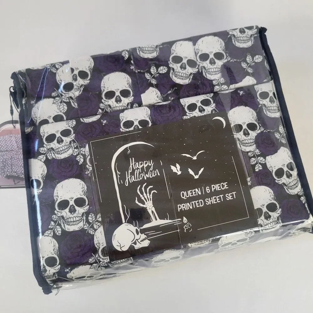Halloween Trad Goth Style Queen 6pc Sheets Set Black White Skulls Purple Roses